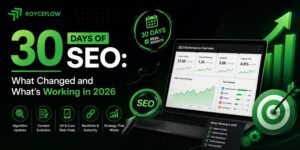 The banner has a bold black-and-green look with SEO analytics, growth visuals, and a modern dashboard that matches the "30 Days of SEO" theme.