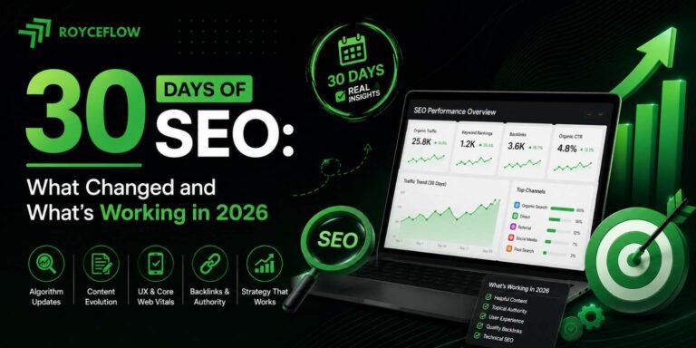 The banner has a bold black-and-green look with SEO analytics, growth visuals, and a modern dashboard that matches the "30 Days of SEO" theme.